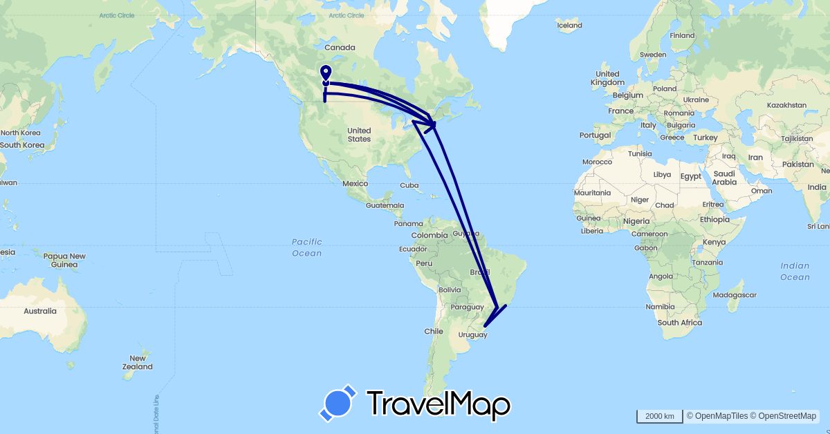 TravelMap itinerary: driving in Brazil, Canada, United States (North America, South America)